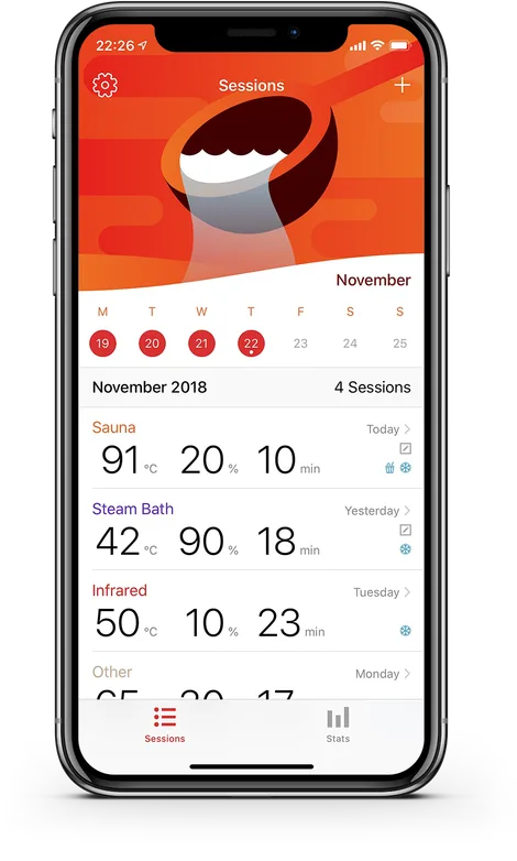 Die HotLog App auf einem iPhone: der Bildschirm „Sitzungen“ mit einem Wochenkalender und Sitzungen in Sauna, Dampfbad und Infrarotkabine, jeweils mit Temperatur, Luftfeuchtigkeit und Dauer.
